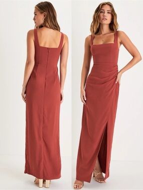 NWT Lulu’s Glamorous Disposition Ruched Maxi Dress Small Rust Romantic Party